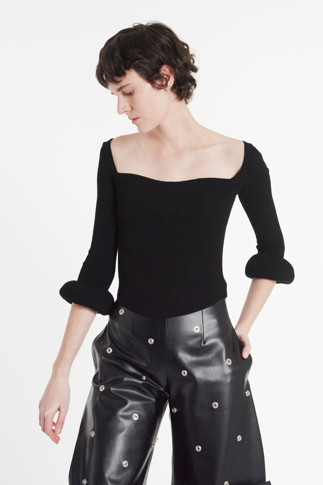 Knit Top With Square Decollete And Doughnut Sleeves Black