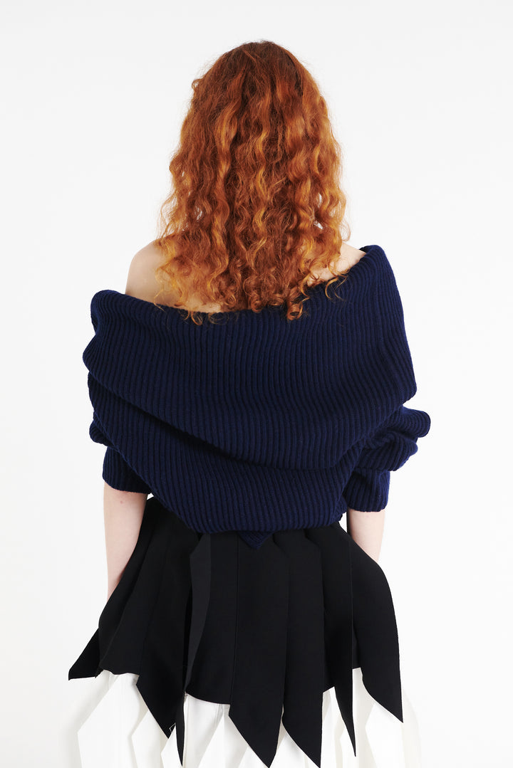 Off Shoulder Ribbed Sweater Navy