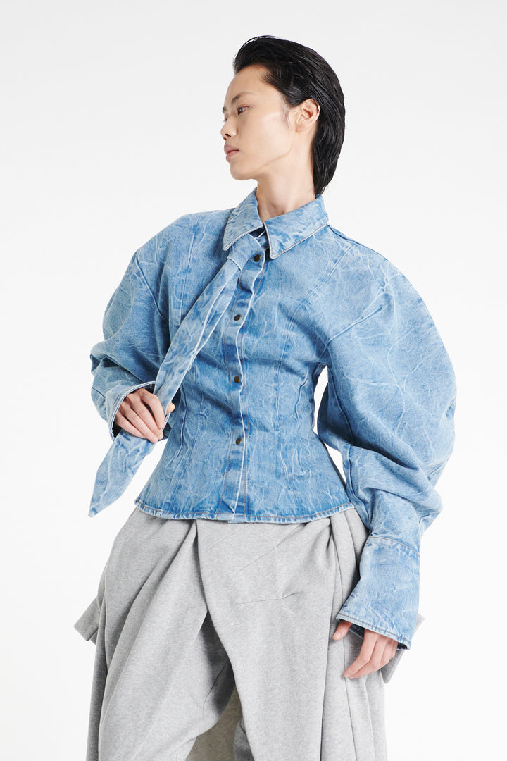 Acid Wash Denim Puff Sleeve Shirt Indigo Acid Wash