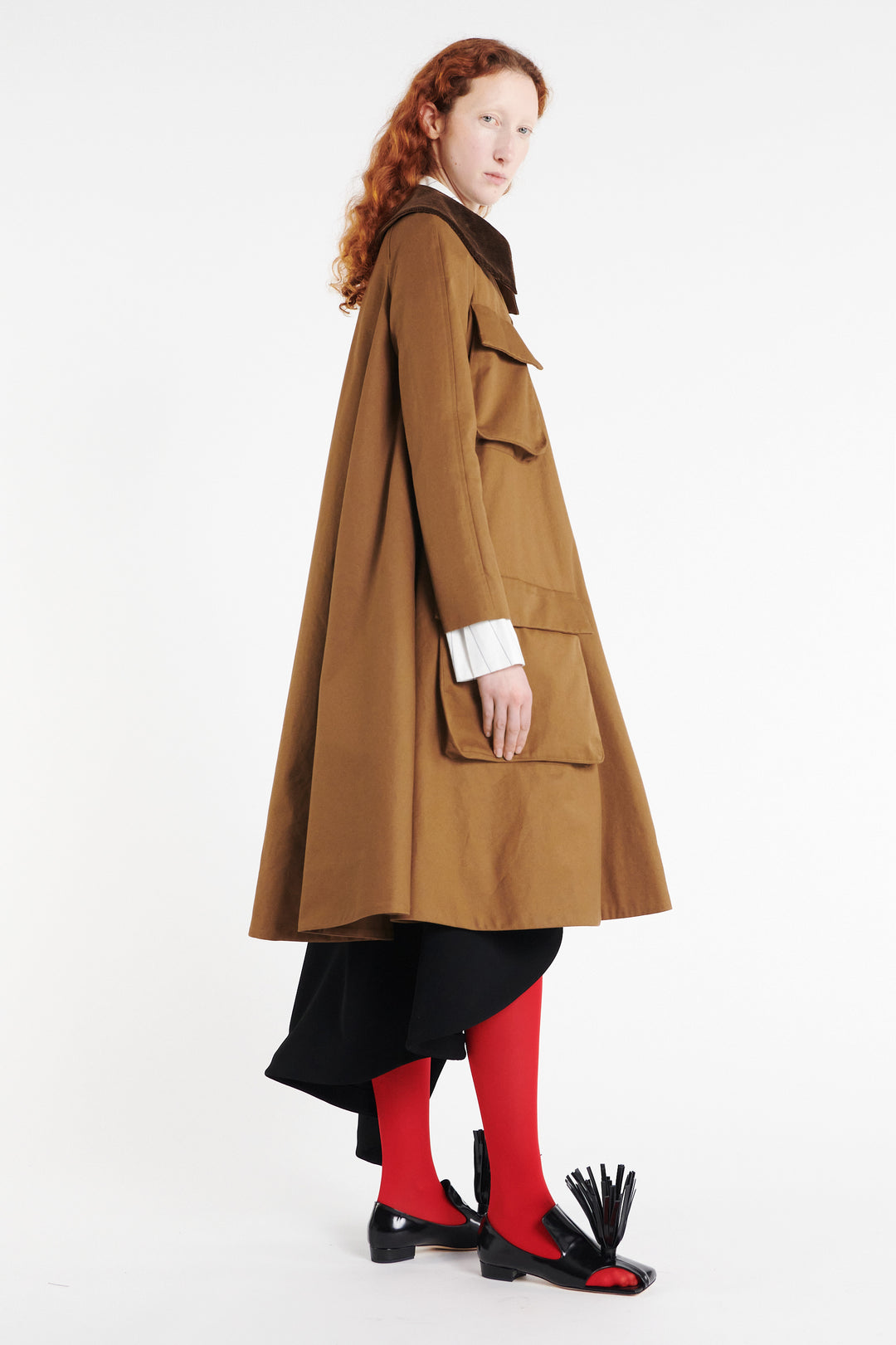 Long Flared Trench With Pockets Khaki Brown