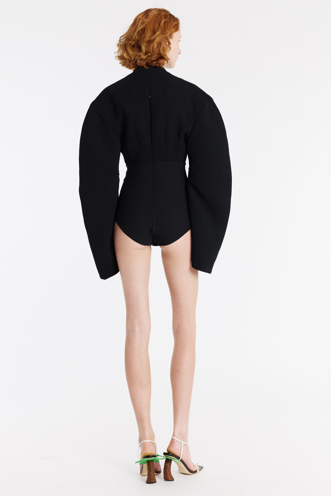 Rounded Sleeve Deep V-Neck Bodysuit Black