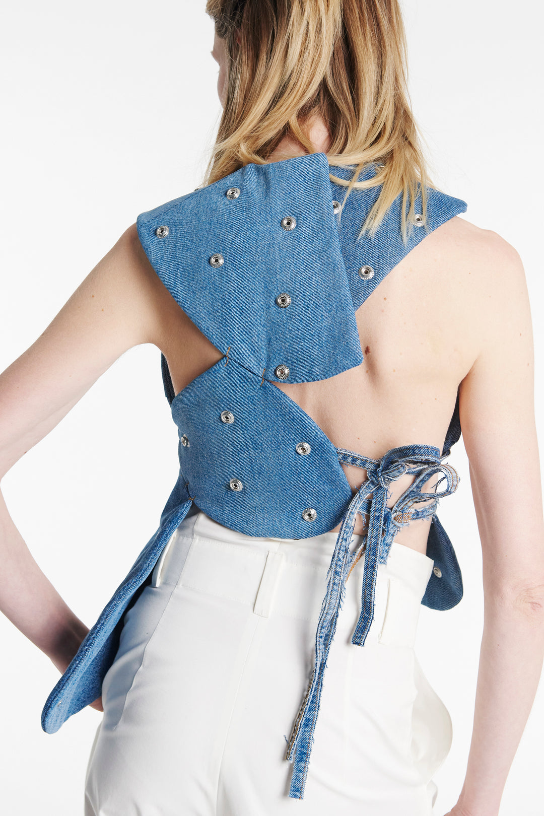 Studded Upcycled Denim Island Top Blue Denim