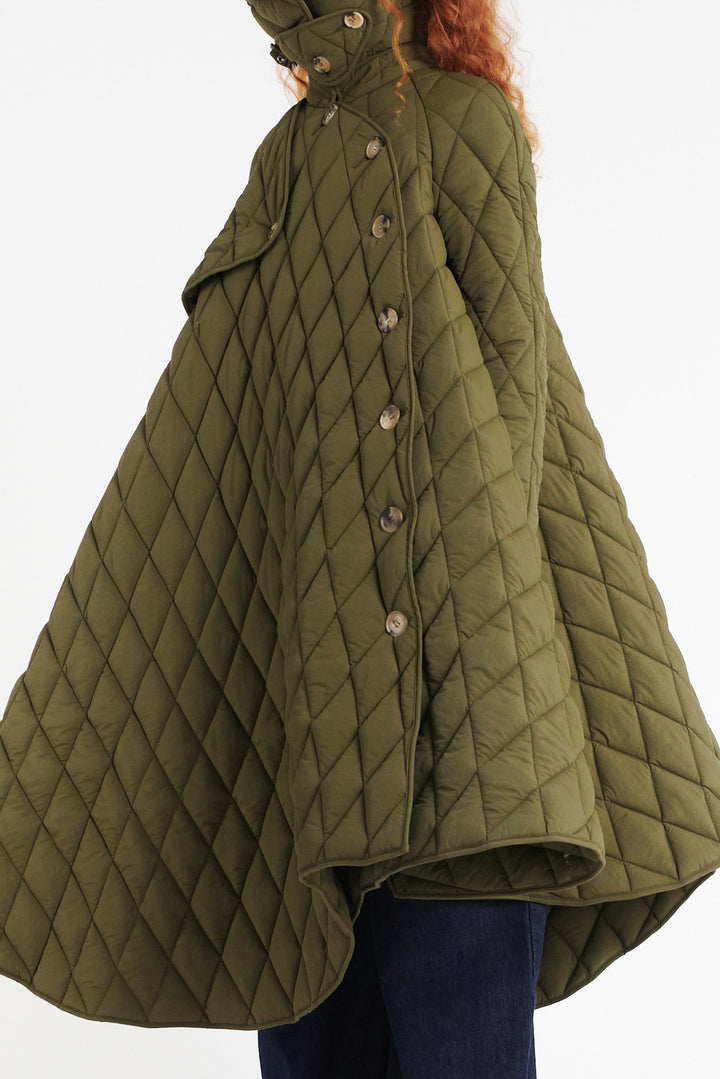 Long Quilted Trench Dark Khaki Green
