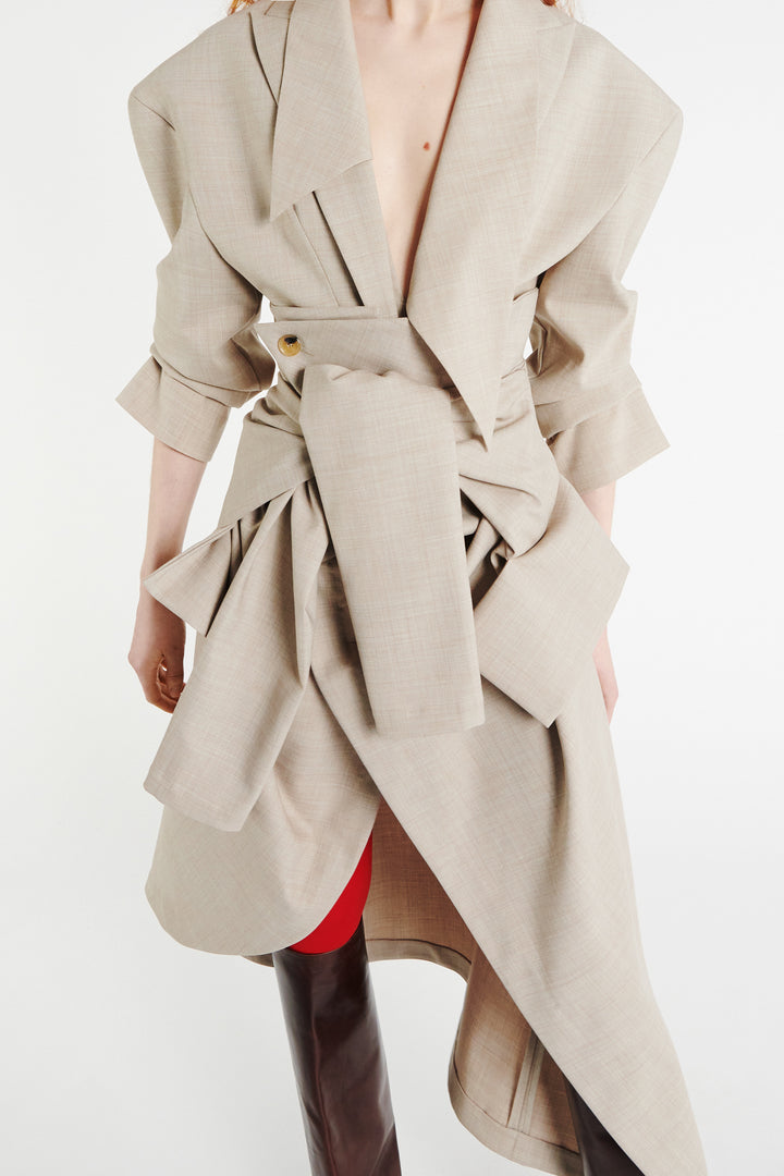 Tailored Bodysuit With Shirt Collar Insert Beige Melange