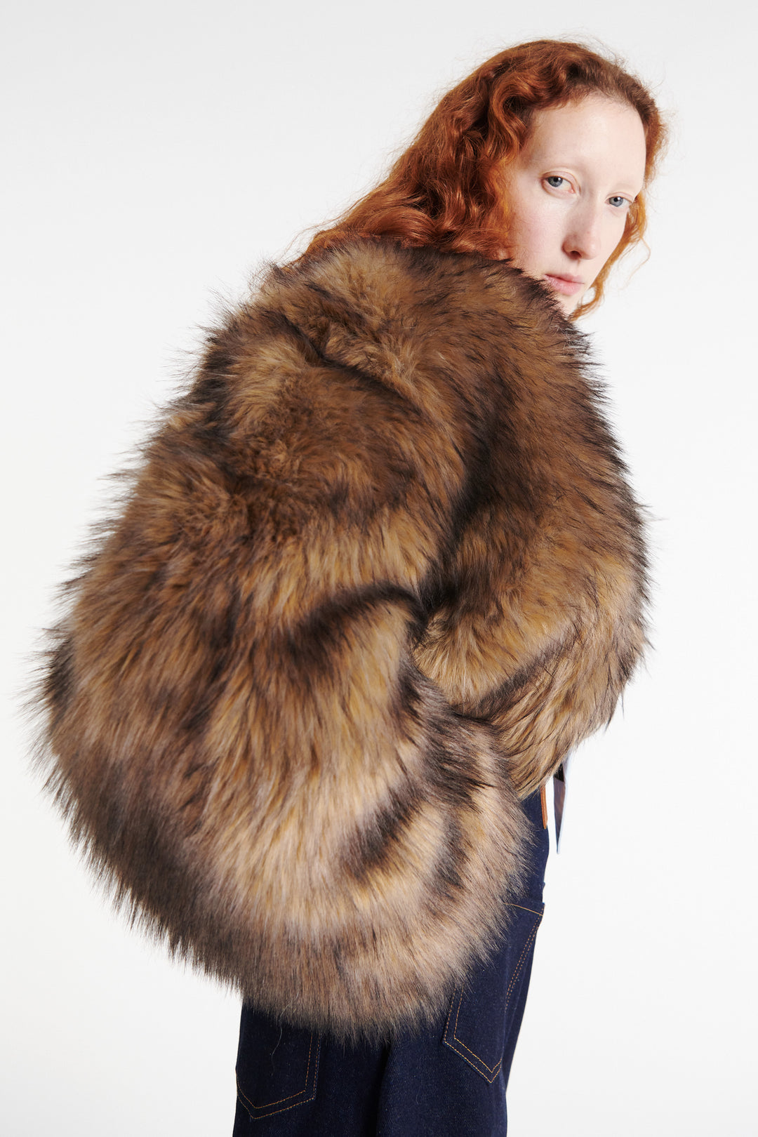 Rounded Sleeve Cropped Faux Fur Jacket Brown