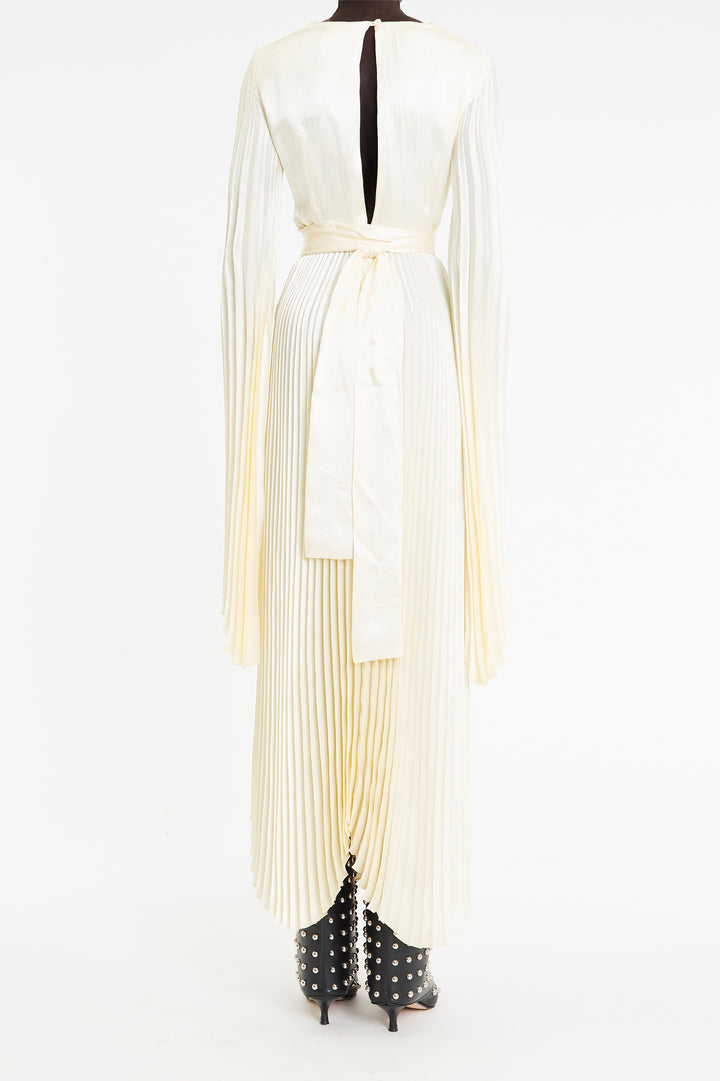 Wrap Around Maxi Dress With Pleated Skirt And Sleeves Ivory