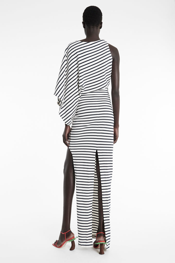 Asymmetric Maxi Dress With Cut Out Navy Ecru Stripe