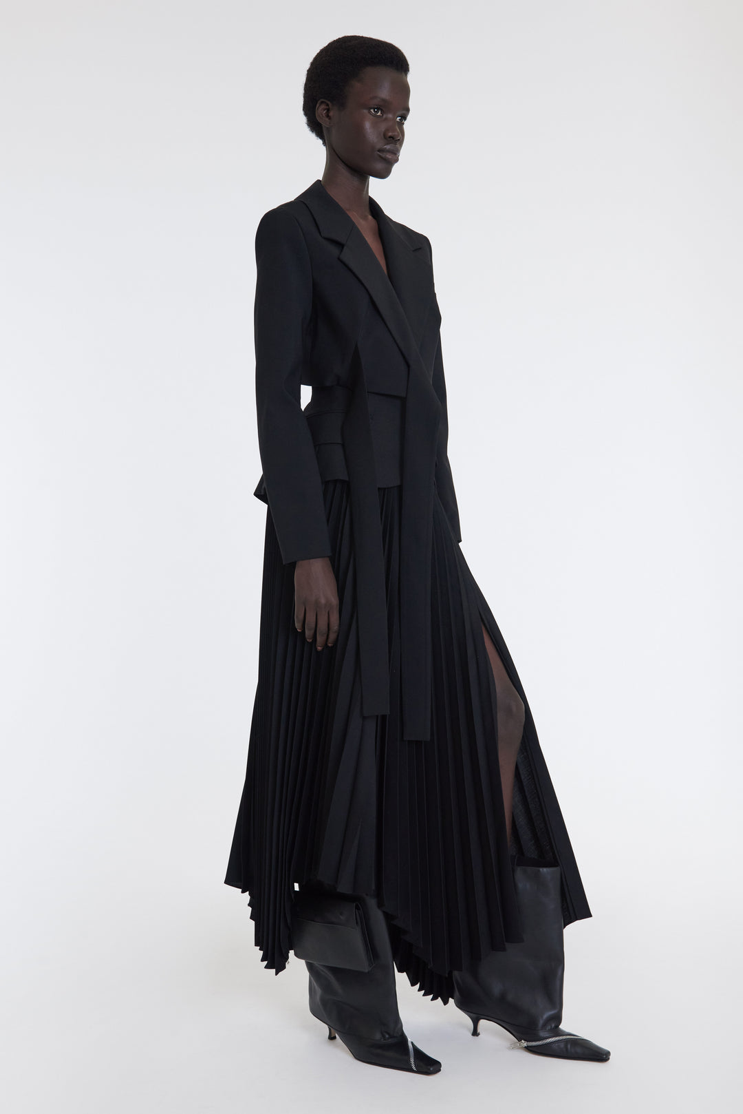 Maxi Pleated Asymmetric Skirt With Basque Detail Black