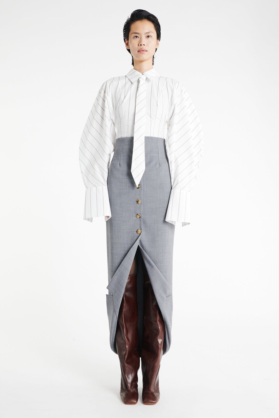 Tailored Skirt With Jacket Collar At Hem Grey Melange