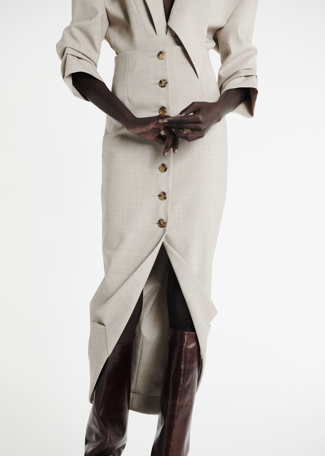 Tailored Skirt With Jacket Collar At Hem Beige Melange