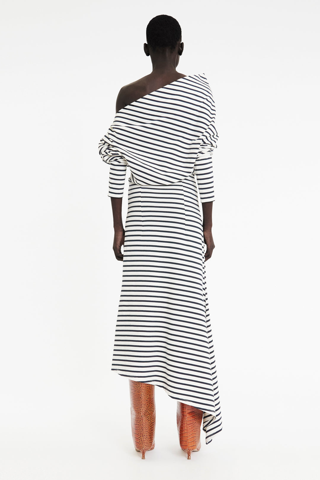 Off Shoulder Asymmetric Dress White Navy Stripe