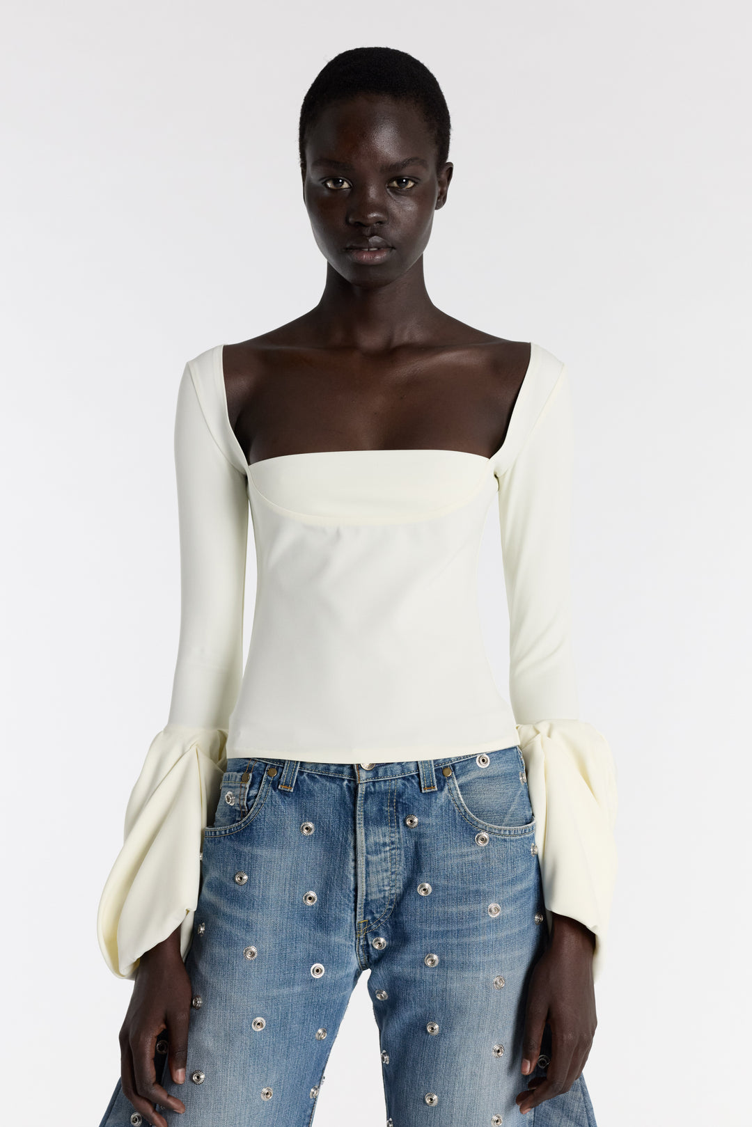 Top With Square Decollete And Puff Cuffs Ivory