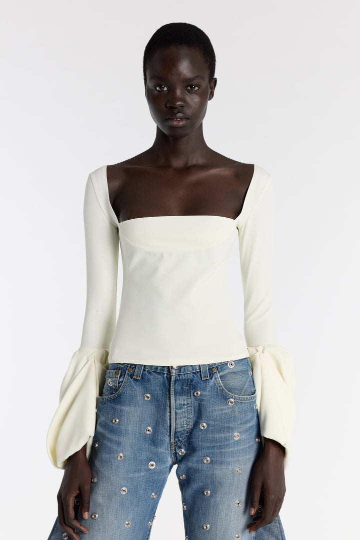 Top With Square Decollete And Puff Cuffs Ivory