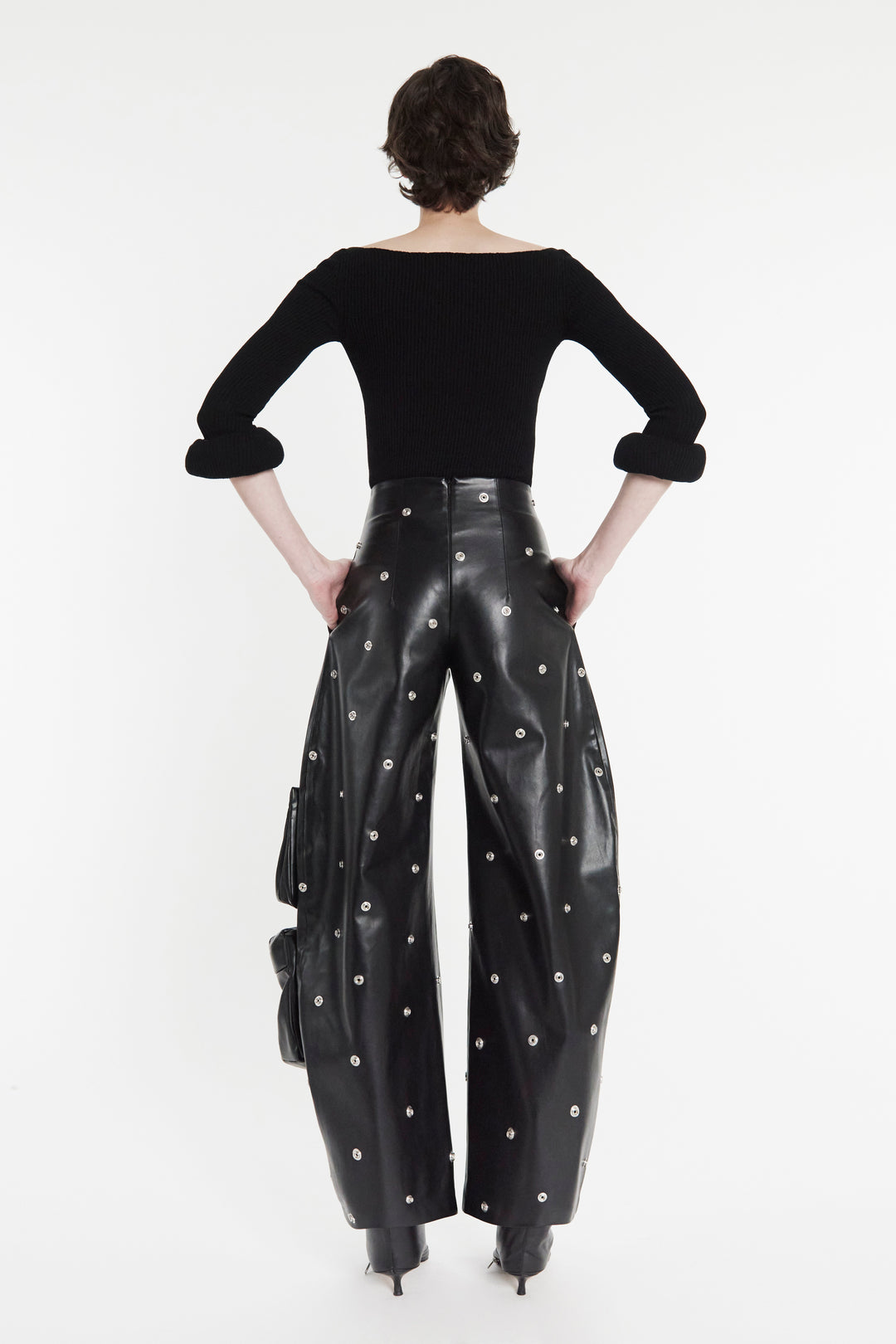 Faux Leather Stud Trouser With Snap-On Pockets Black