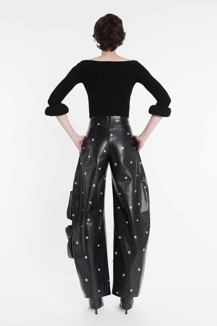 Faux Leather Stud Trouser With Snap-On Pockets Black
