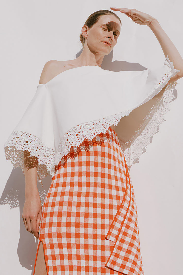 Knitted Fitted Maxi Skirt With Side Panel Red White Gingham
