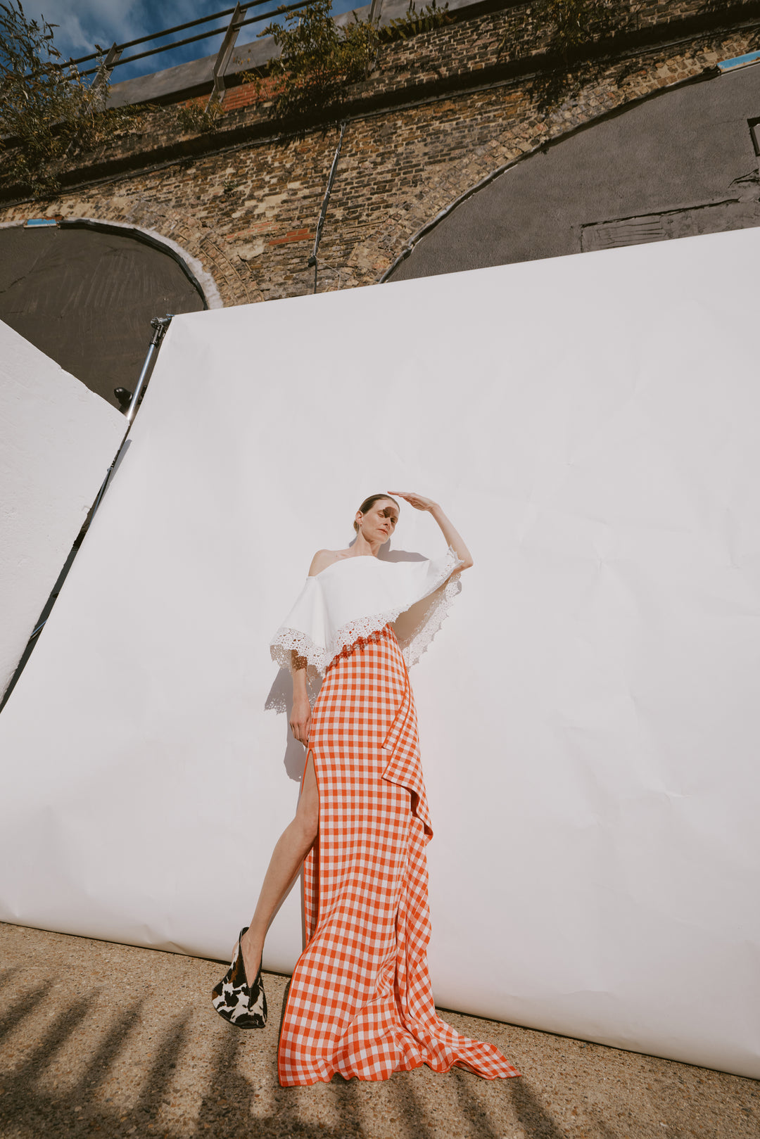 Knitted Fitted Maxi Skirt With Side Panel Red White Gingham