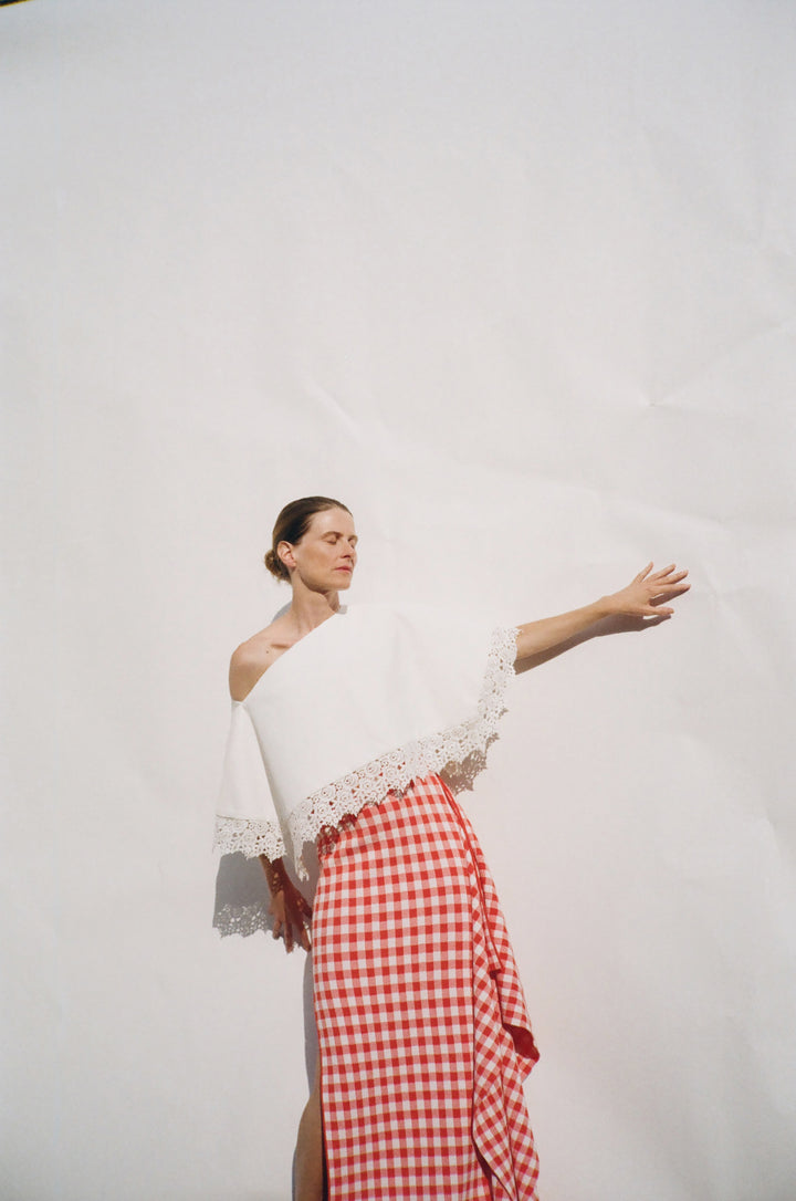 Lace Trimmed Big Collar Top Off White