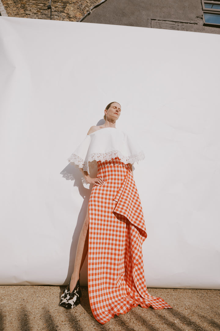 Knitted Fitted Maxi Skirt With Side Panel Red White Gingham