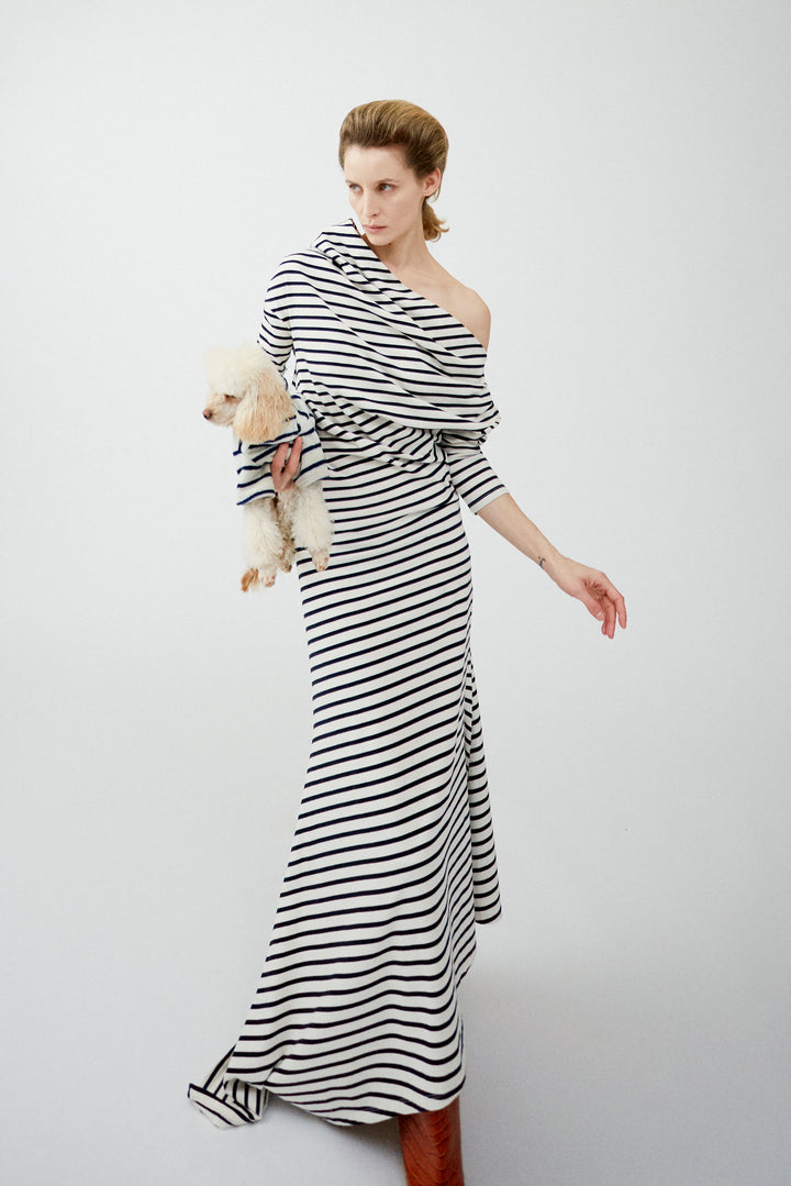 Off Shoulder Asymmetric Dress White Navy Stripe