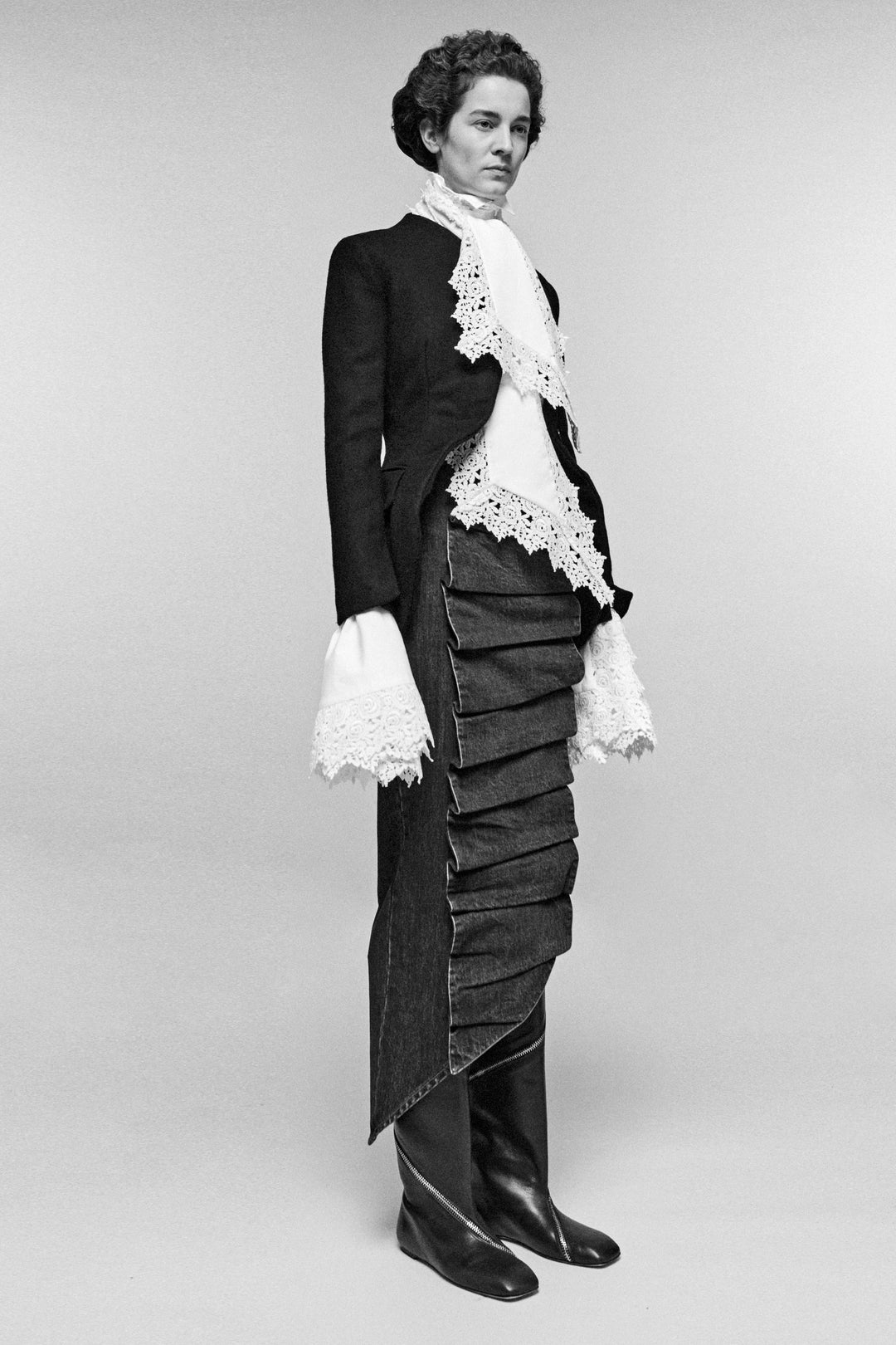 Victorian Style High Collar Top With Jabot White