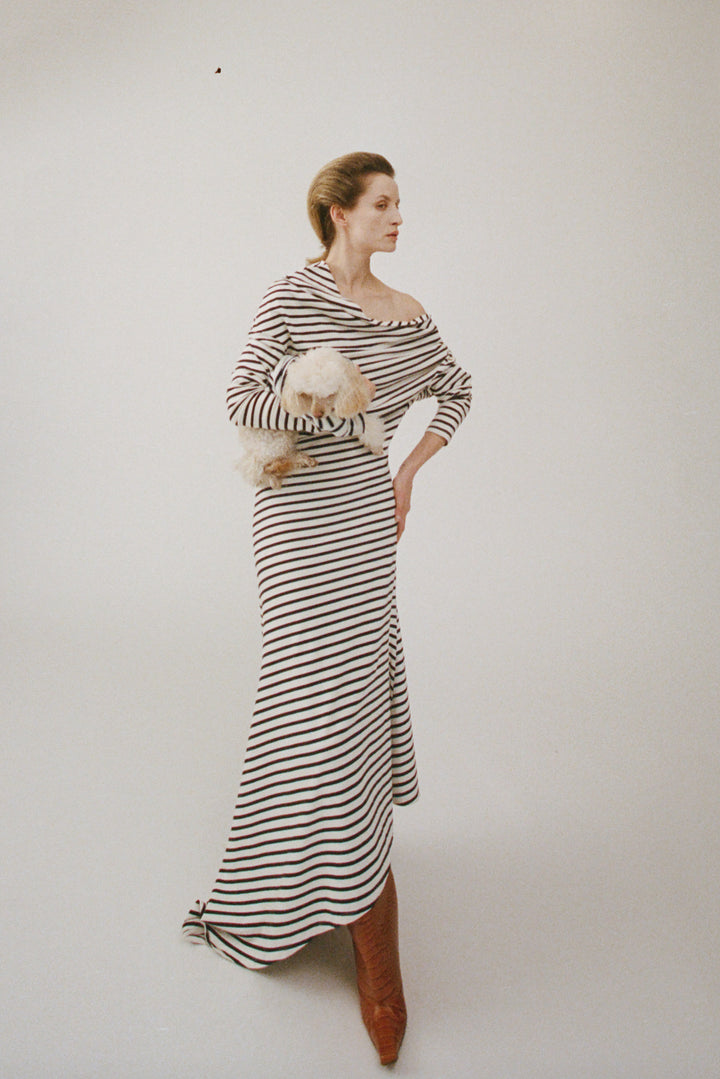 Off Shoulder Asymmetric Dress White Navy Stripe