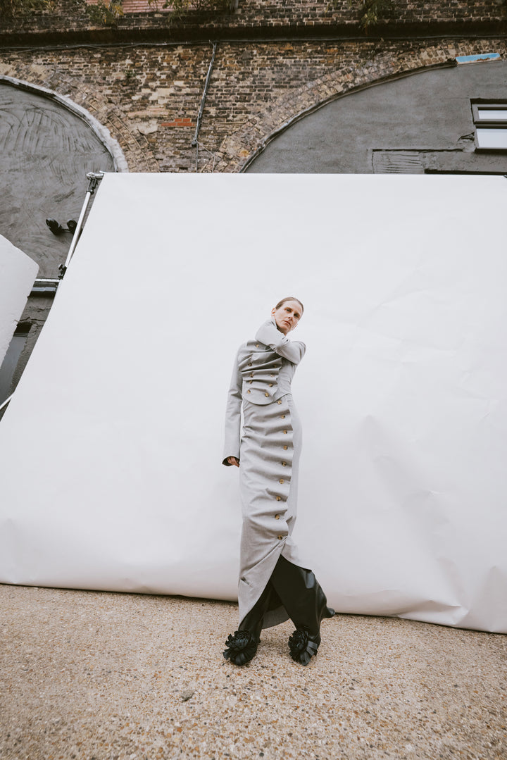 Asymmetric Skirt With Jacket Collar At Hem Light Grey Melange