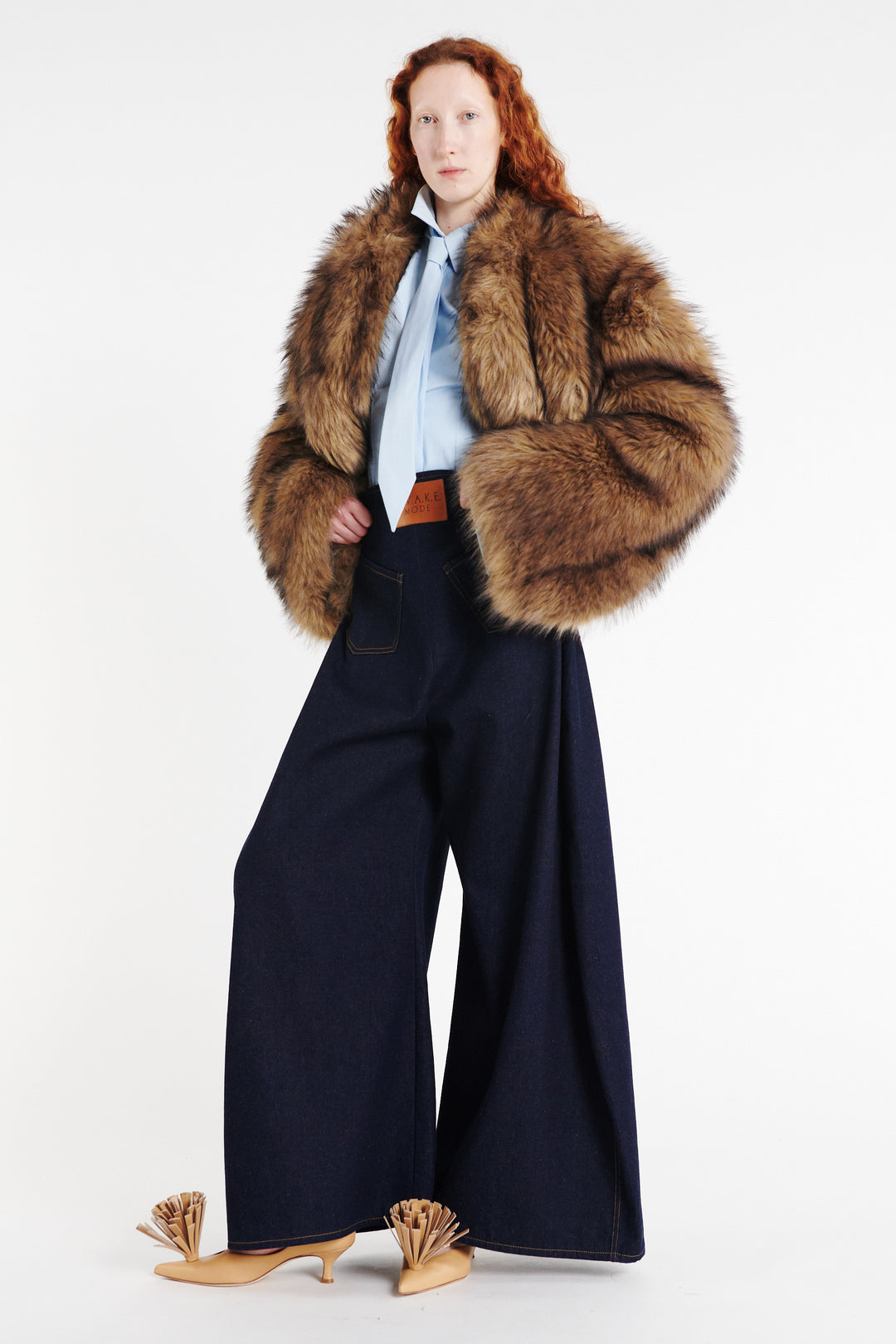 Rounded Sleeve Cropped Faux Fur Jacket Brown