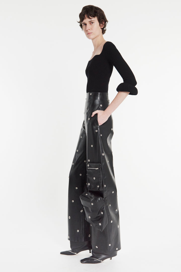 Faux Leather Stud Trouser With Snap-On Pockets Black