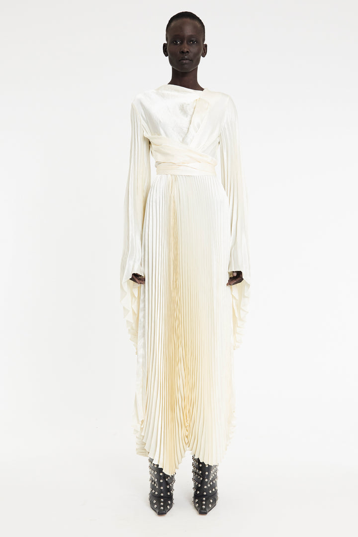 Wrap Around Maxi Dress With Pleated Skirt And Sleeves Ivory