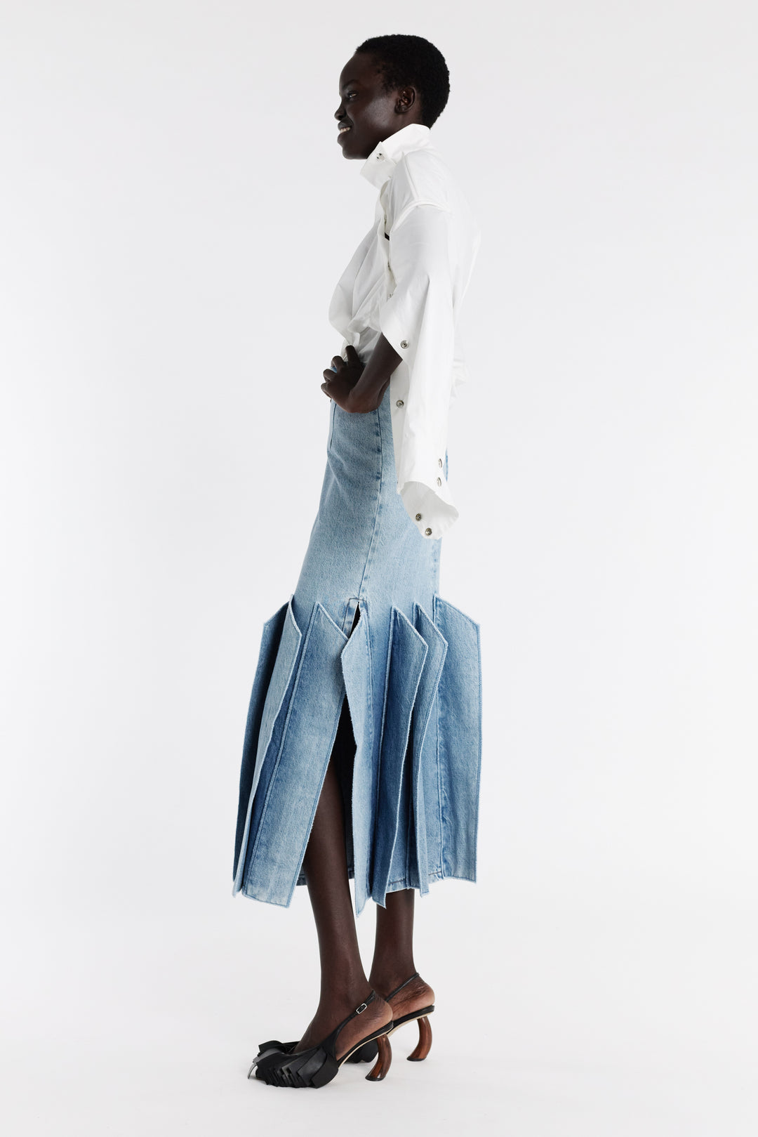 Denim Skirt With Panel Detail Mid Blue