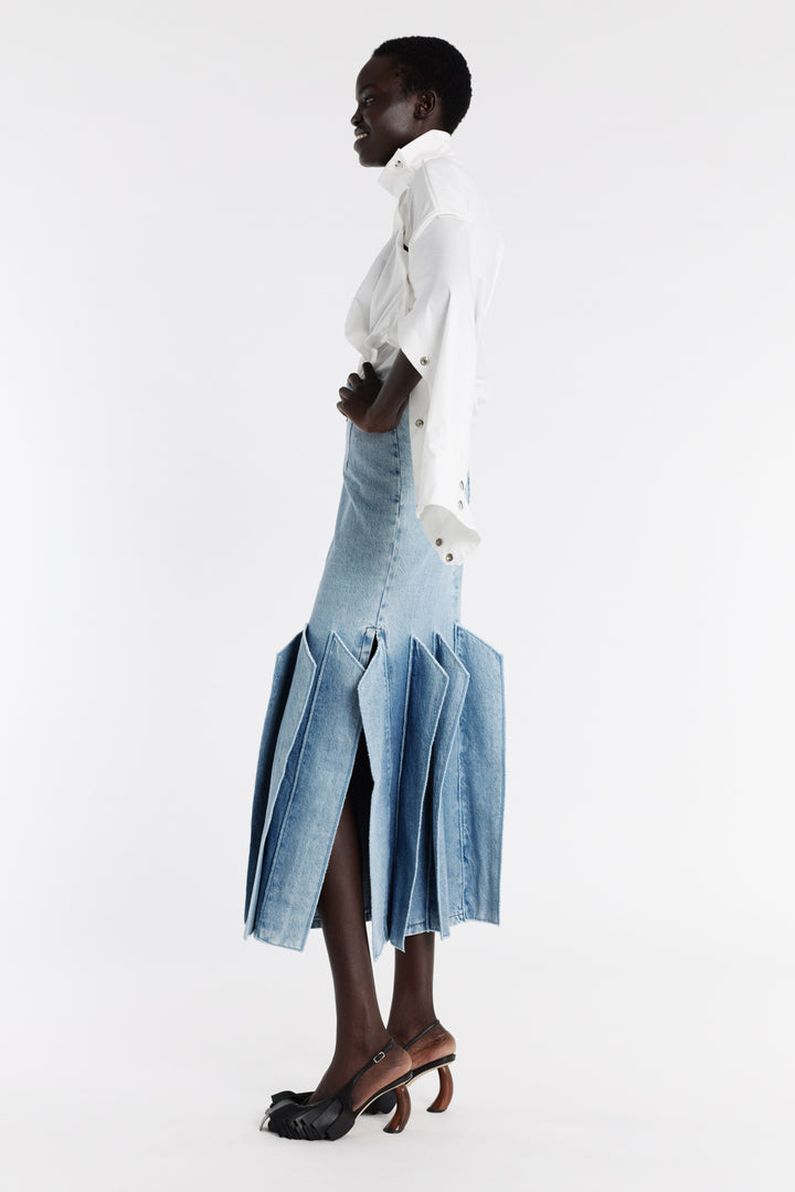Denim Skirt With Panel Detail Mid Blue