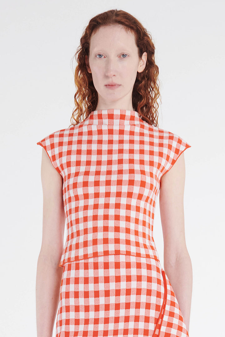 Knitted Sleeveless Top Red White Gingham