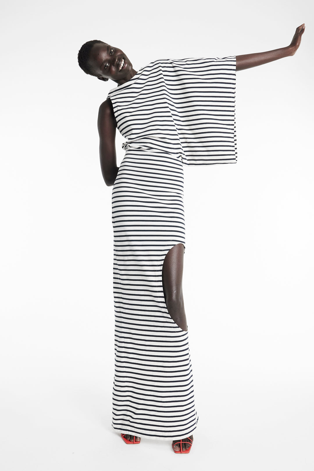 Asymmetric Maxi Dress With Cut Out Navy Ecru Stripe
