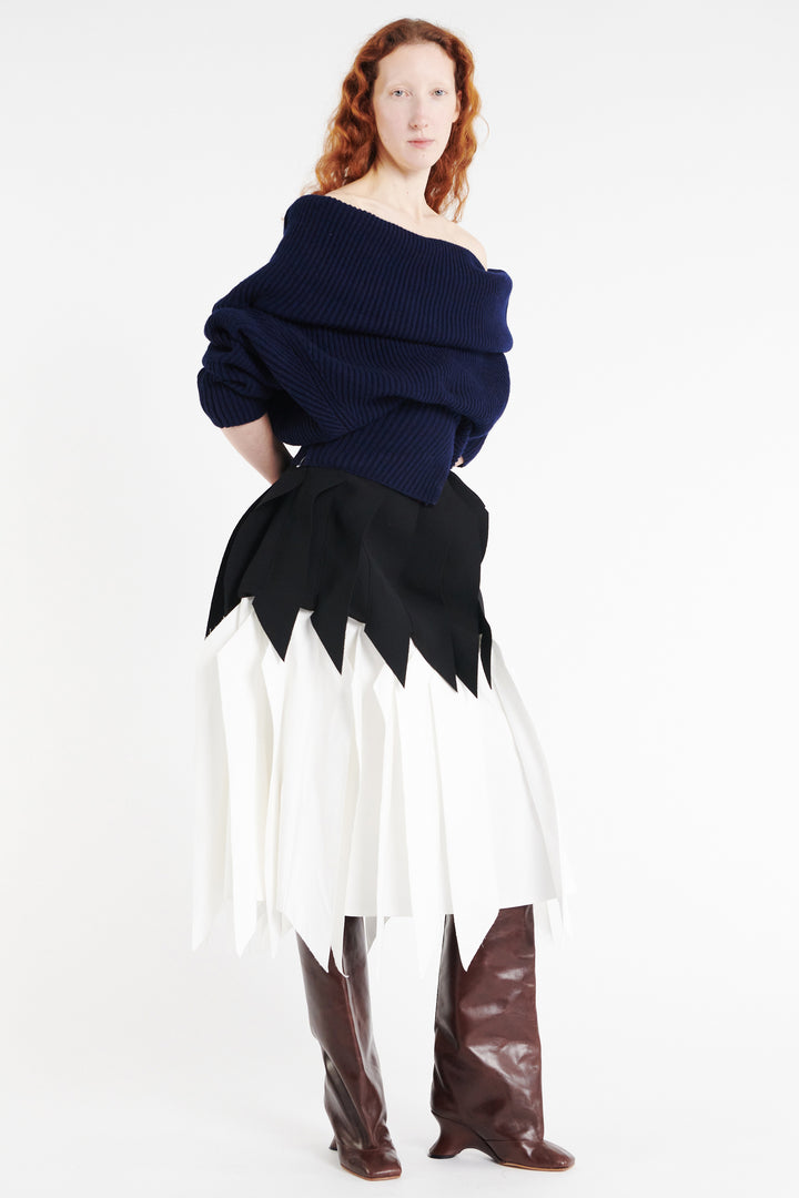 Off Shoulder Ribbed Sweater Navy