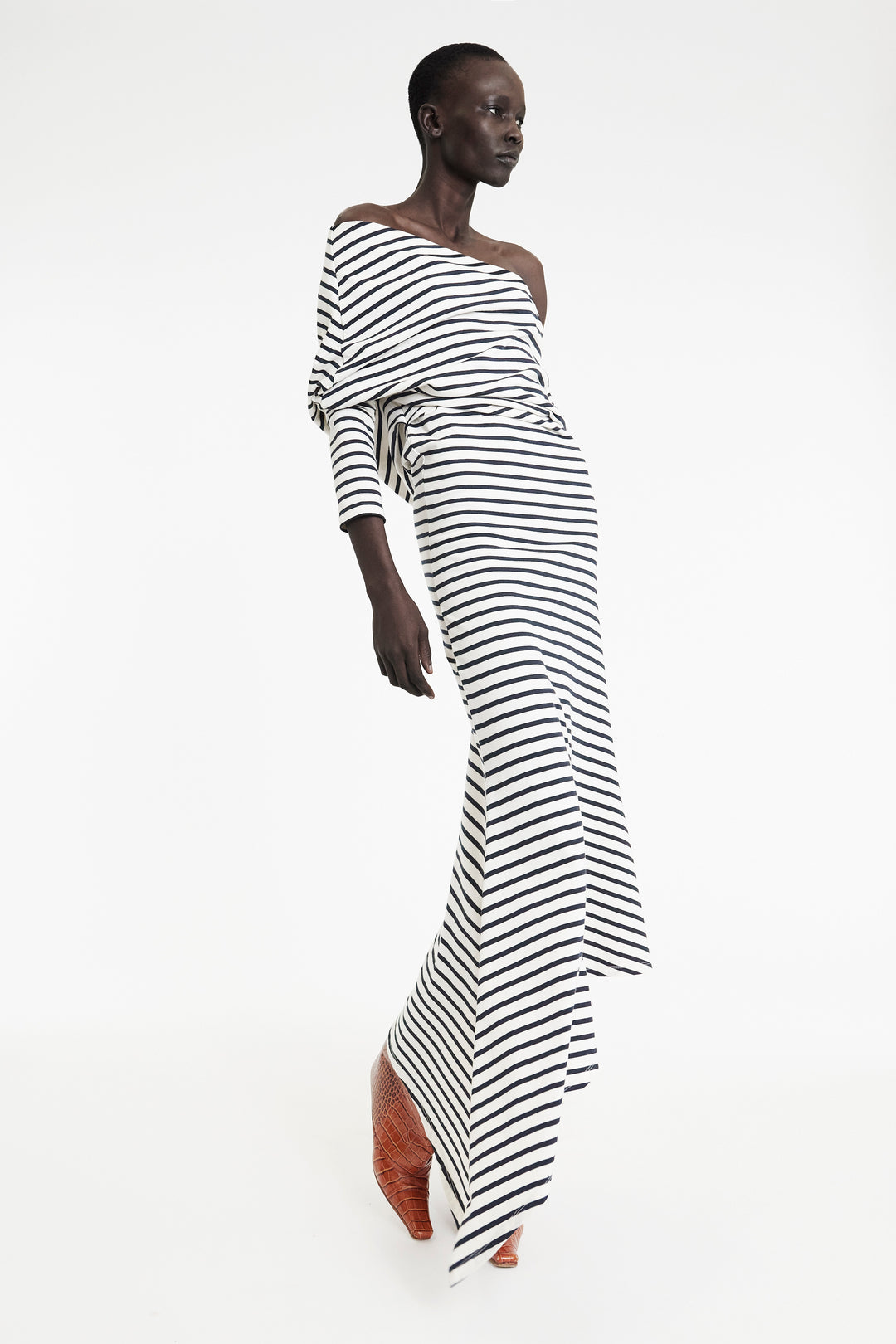 Off Shoulder Asymmetric Dress White Navy Stripe