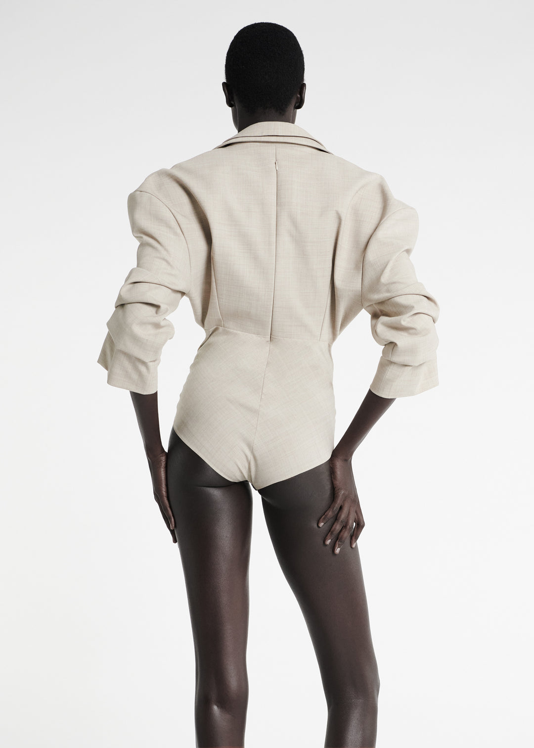 Tailored Bodysuit With Shirt Collar Insert Beige Melange