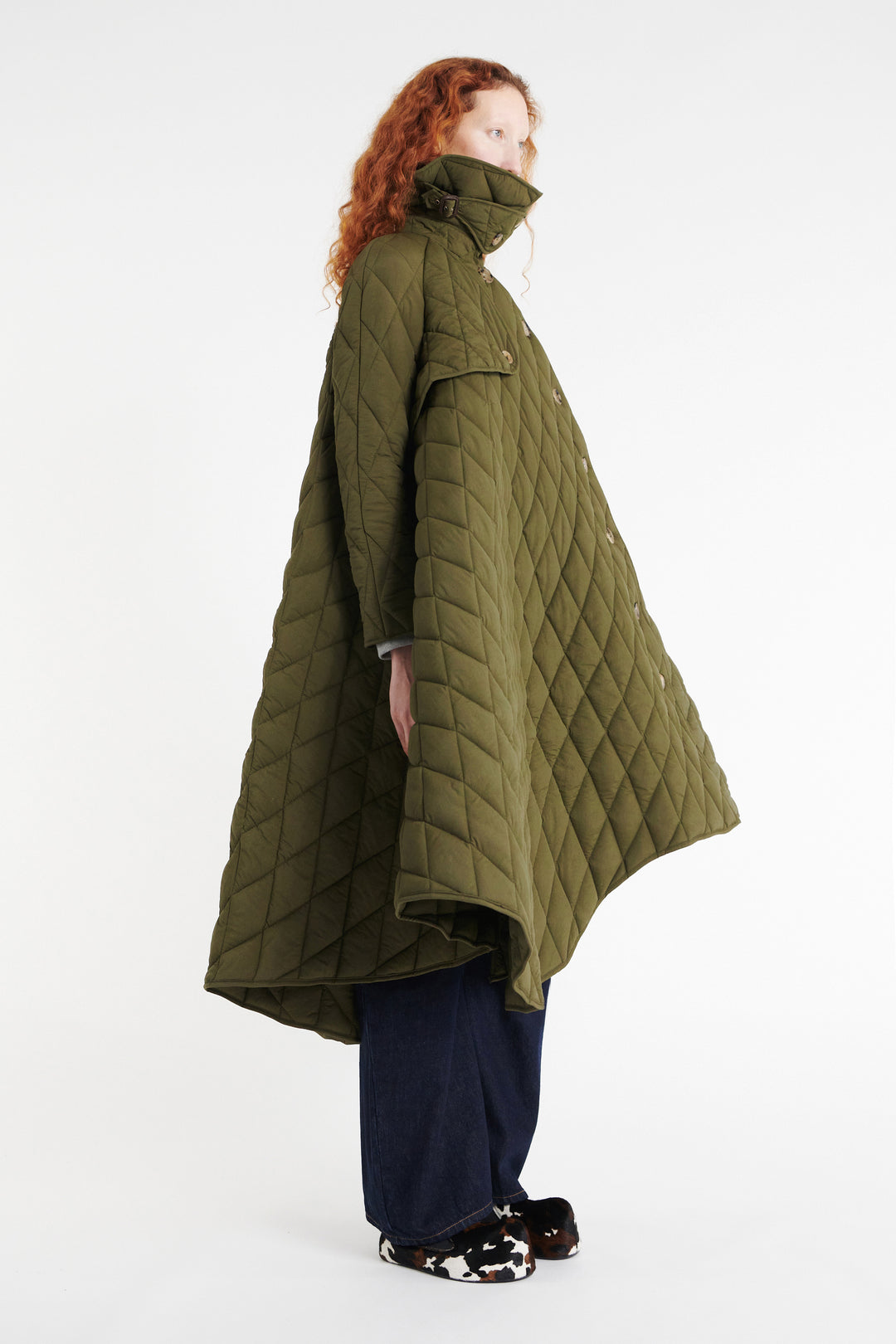 Long Quilted Trench Dark Khaki Green