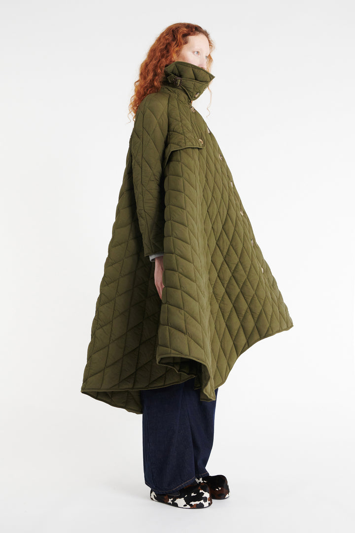 Long Quilted Trench Dark Khaki Green