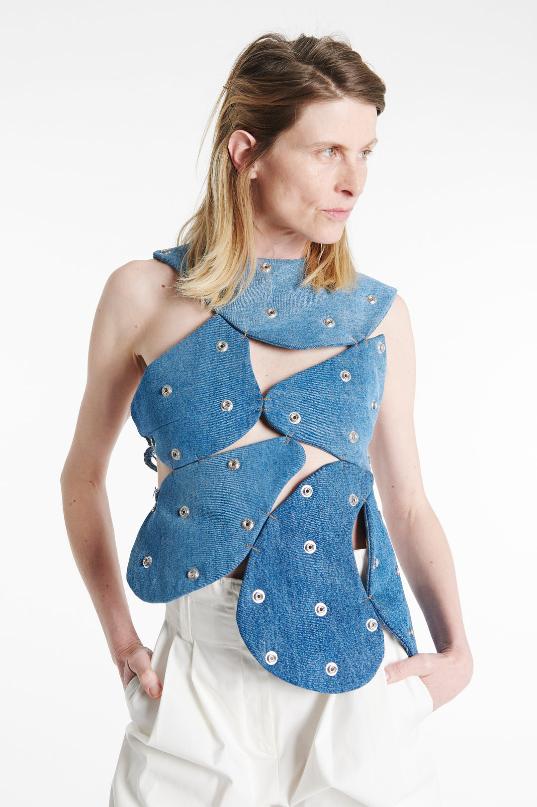 Studded Upcycled Denim Island Top Blue Denim