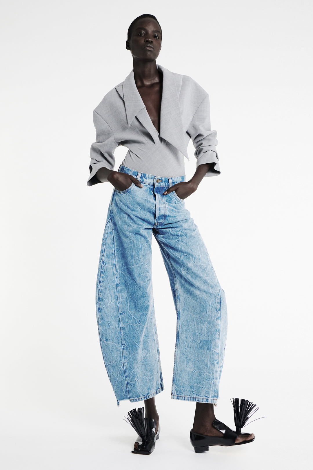 Tailored Bodysuit With Shirt Collar Insert Grey Melange