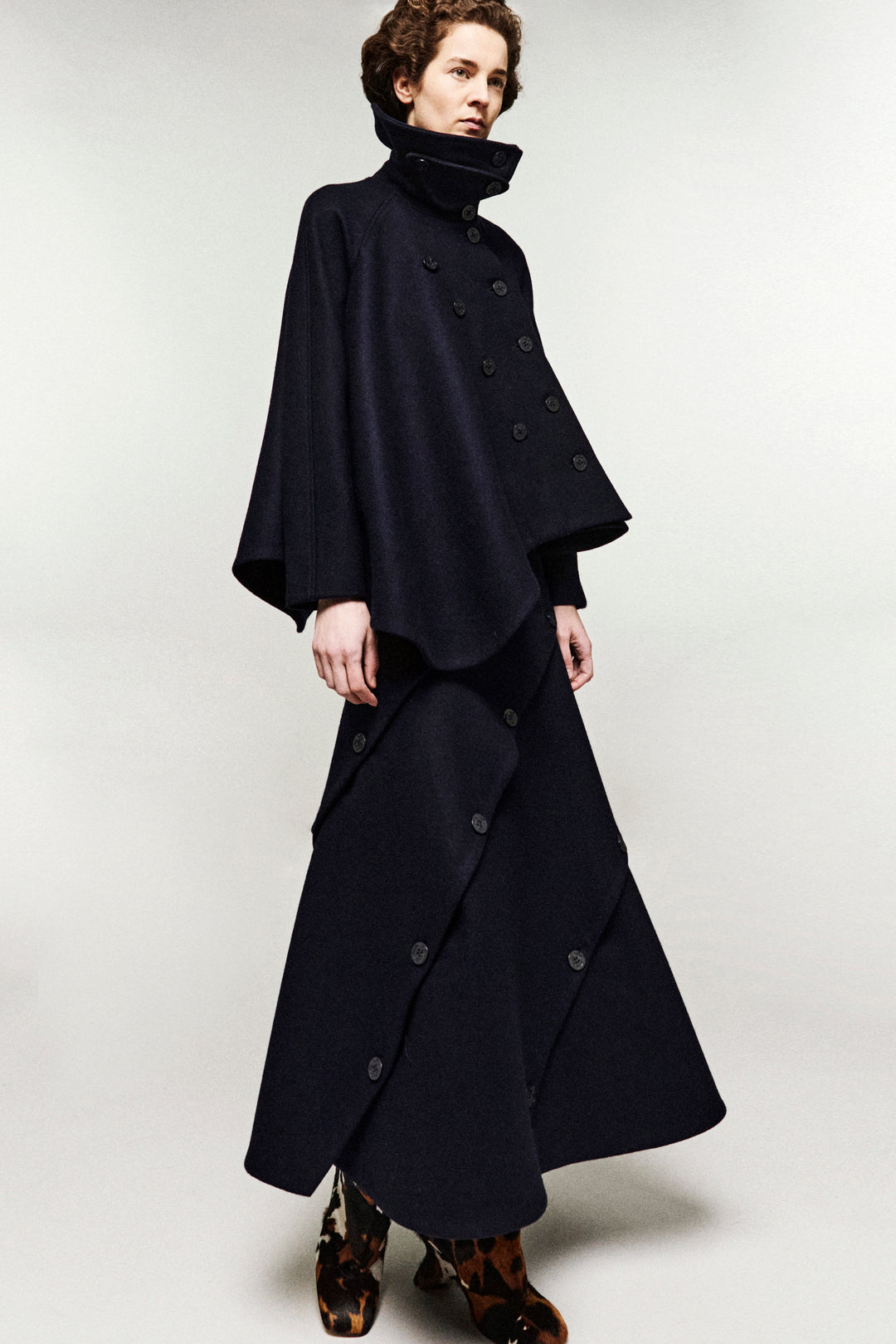 Flared Pea Coat With High Collar With Sailor Buttons Navy