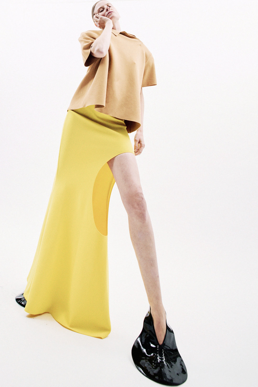 Knitted Flared Skirt With Cutout Yellow