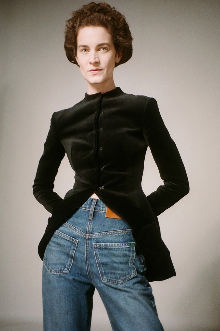 Round Neck Jacket With Collar At Hem Black