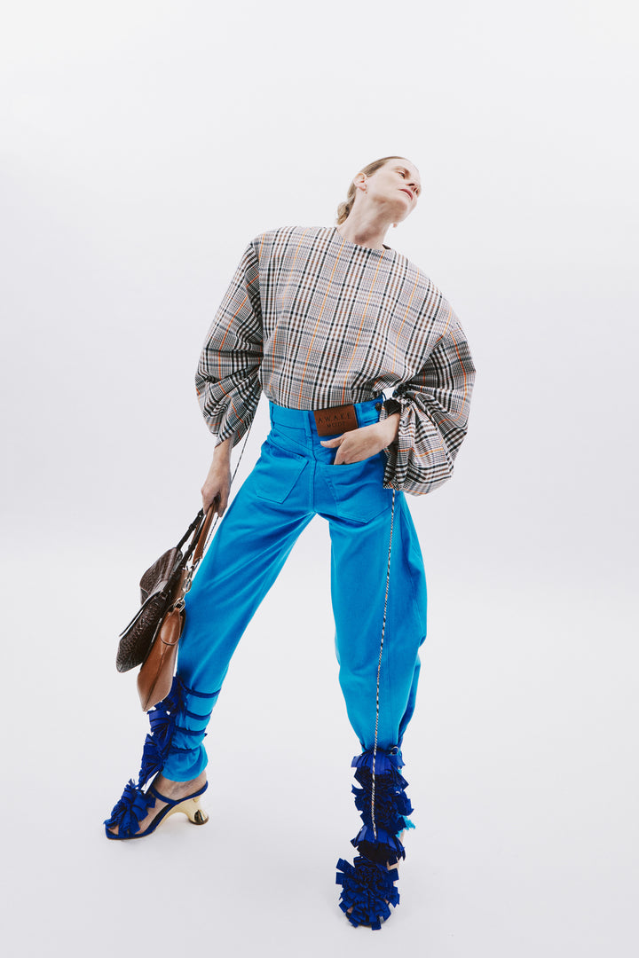 Drawstring Sleeve Top Brown Check