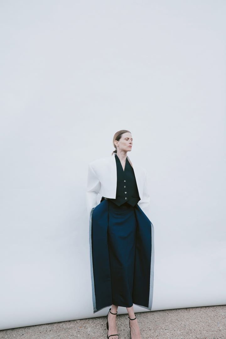 Midi High Waisted Panelled Skirt Navy