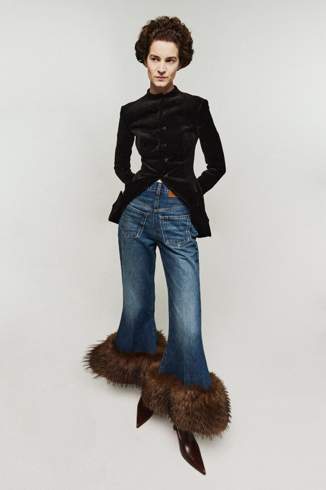 Cropped Flared Trousers With Faux Fur Hem Classic Blue Wash