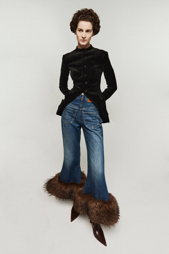 Cropped Flared Trousers With Faux Fur Hem Classic Blue Wash