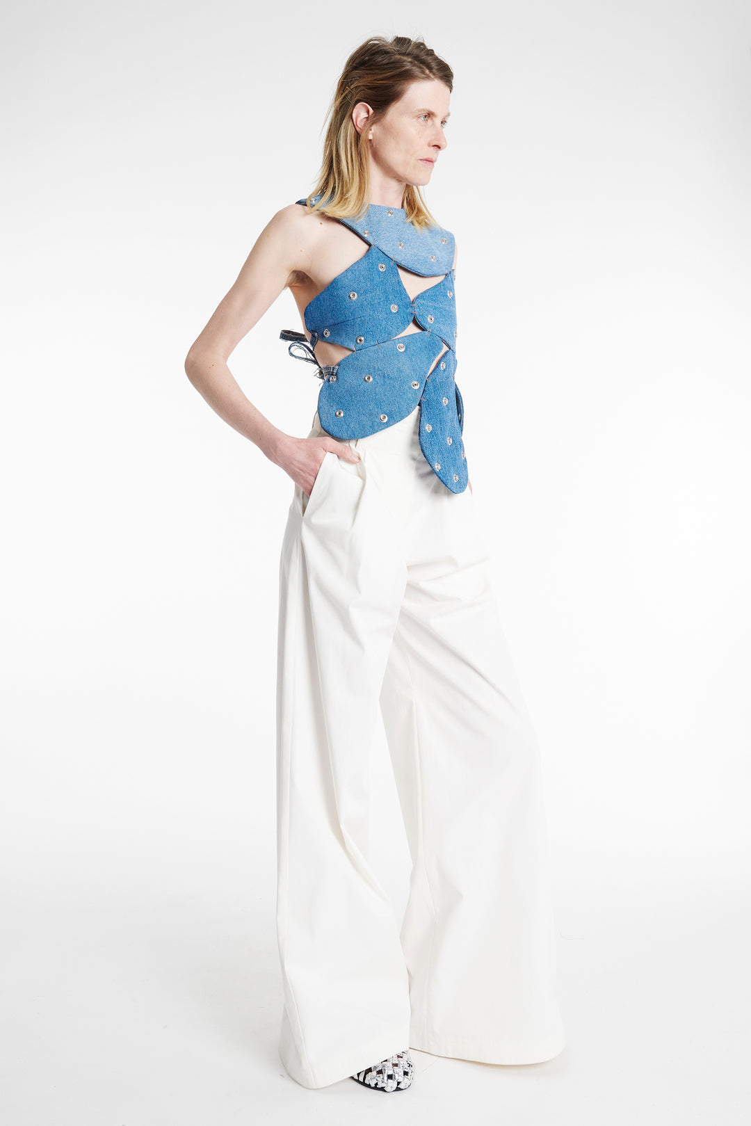 Studded Upcycled Denim Island Top Blue Denim