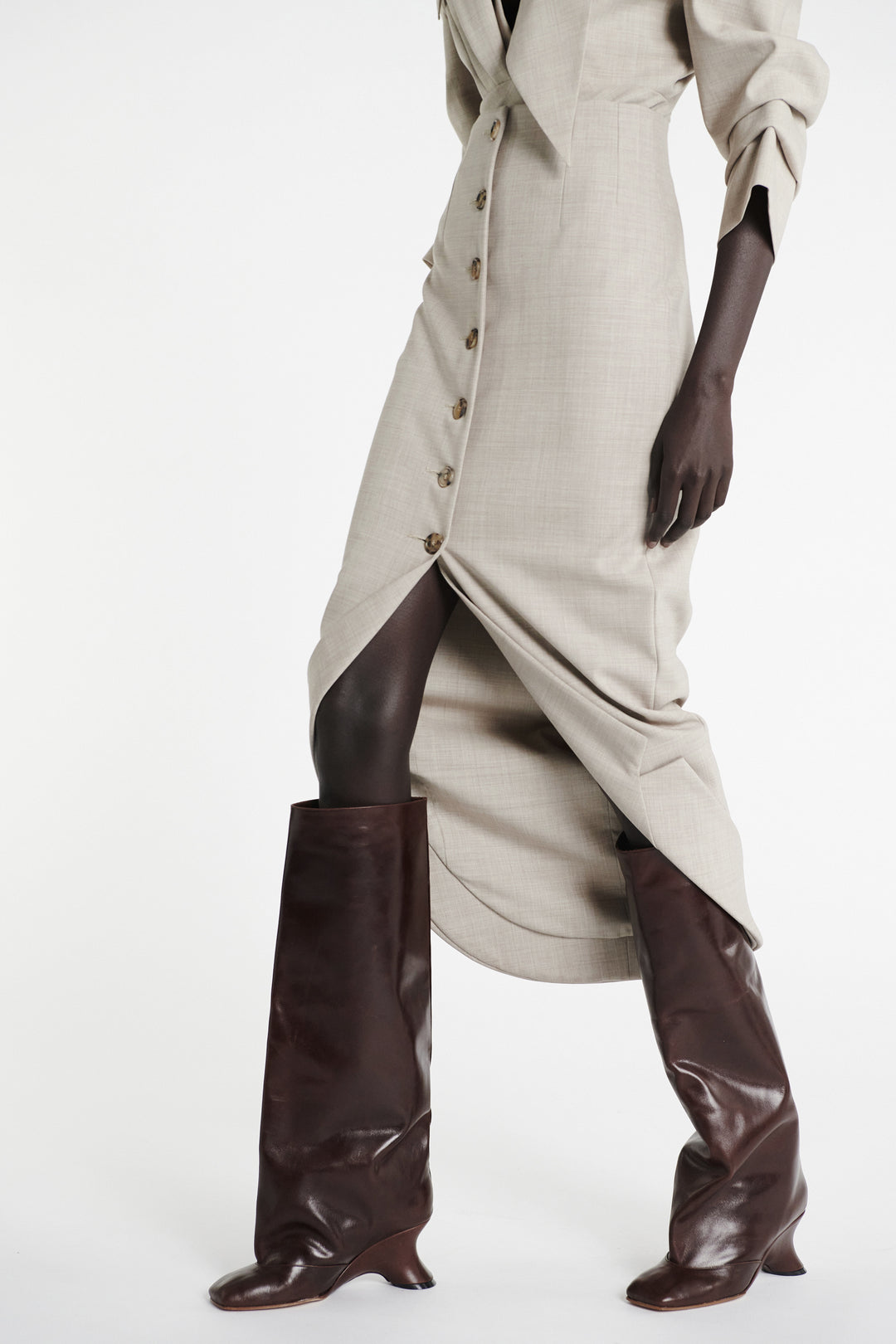 Tailored Skirt With Jacket Collar At Hem Beige Melange